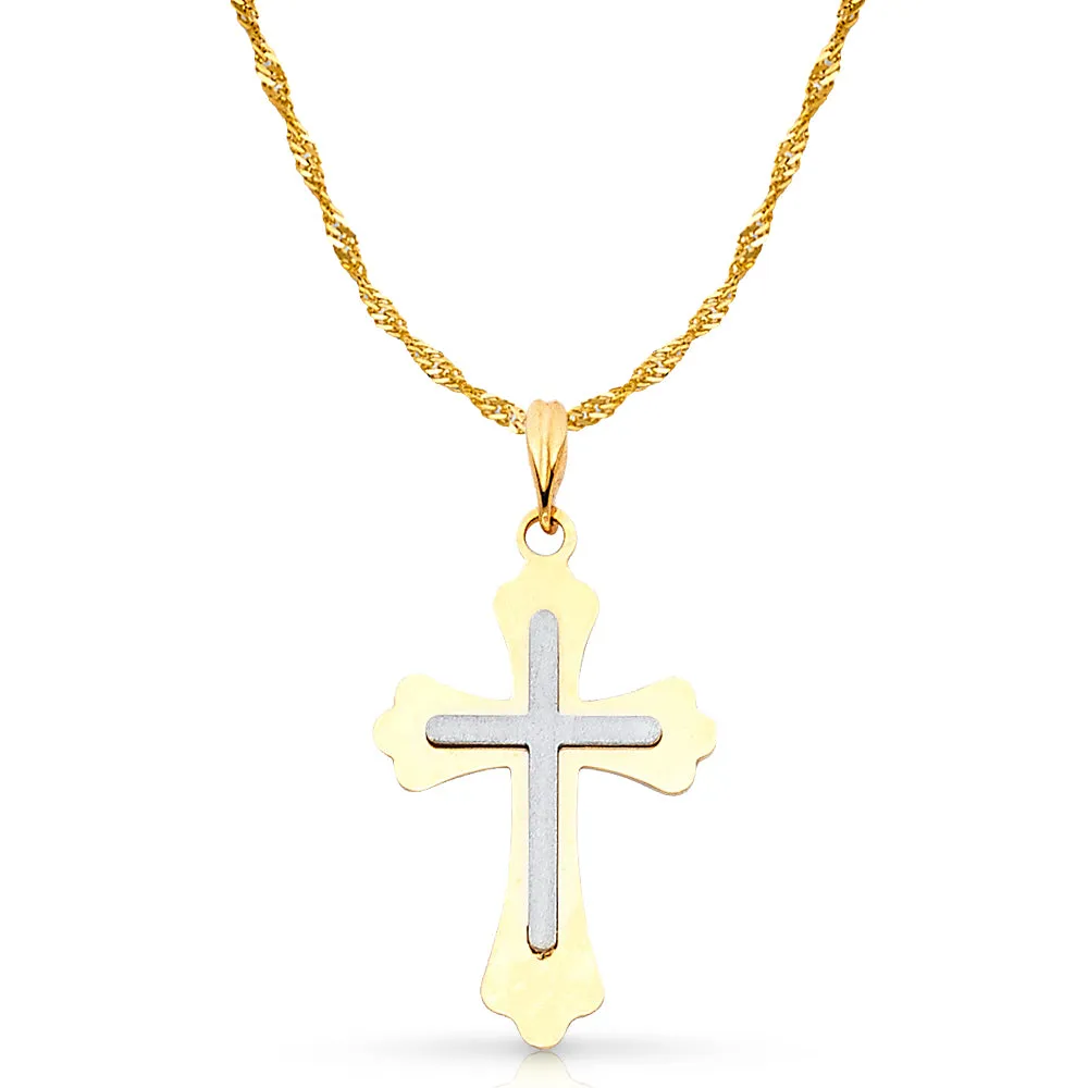 14K Gold Cross Charm Pendant with 1.2mm Singapore Chain Necklace