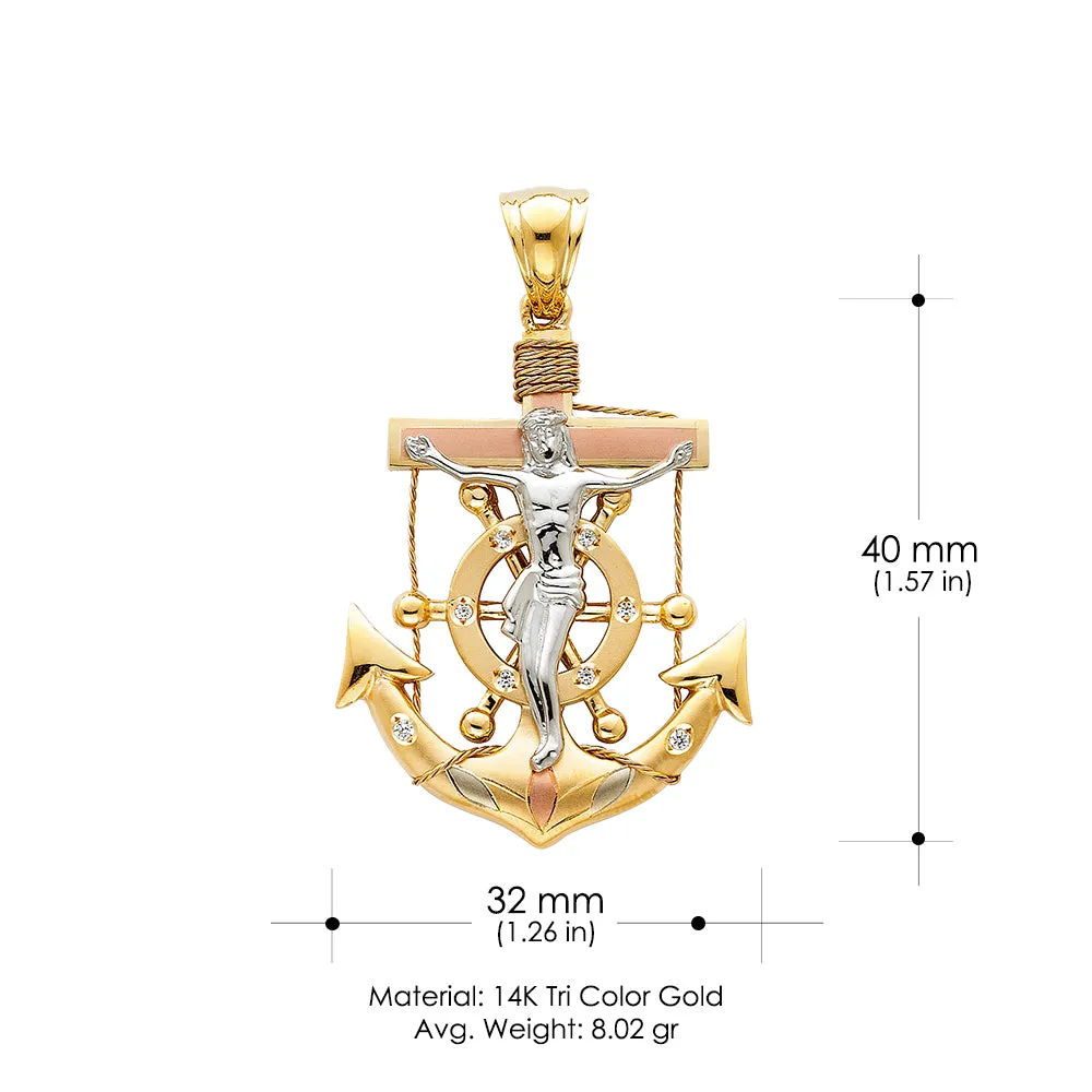 14K Gold Crucifix Anchor Charm Pendant with 3.8mm Figaro 3 1 Chain Necklace