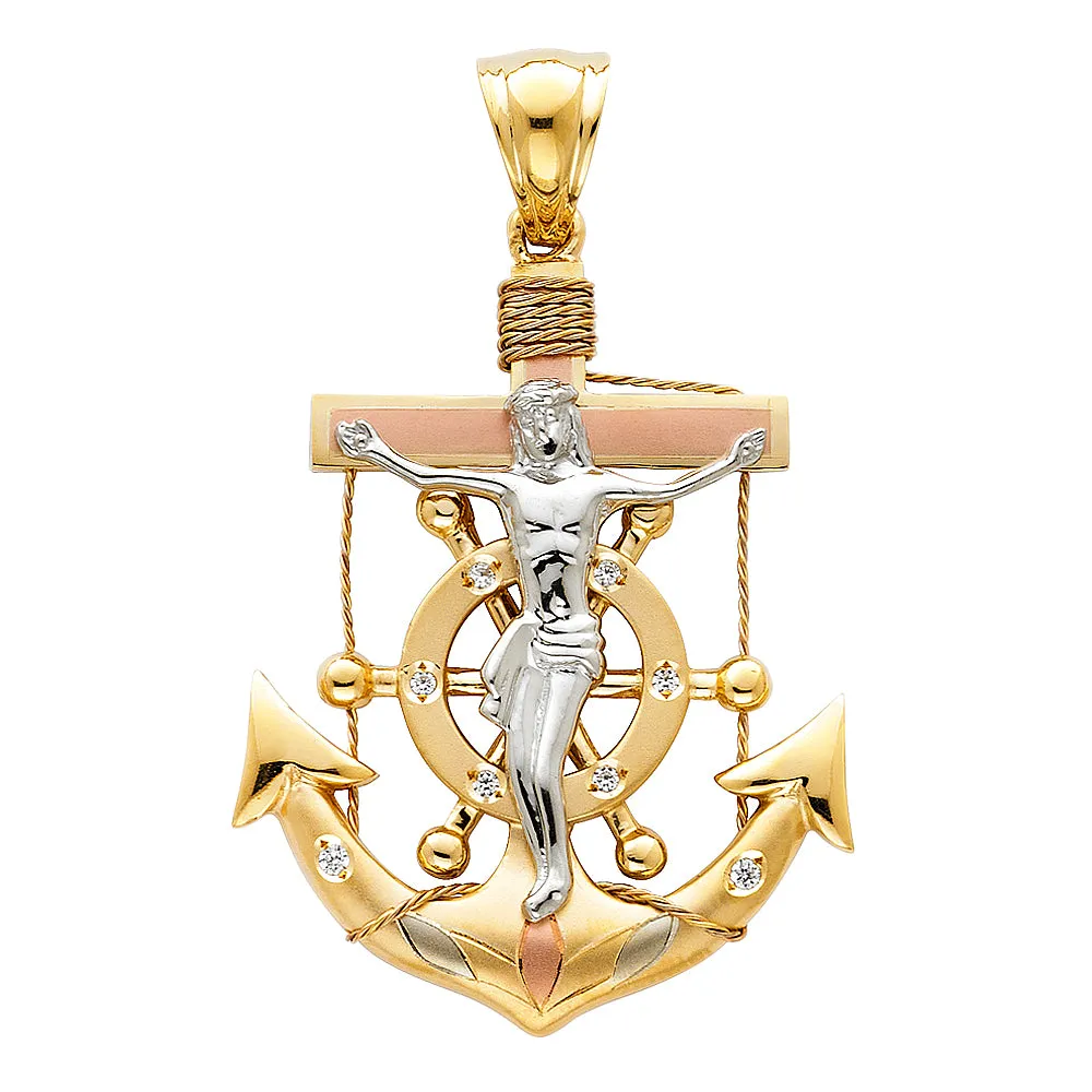 14K Gold Crucifix Anchor Charm Pendant with 3.8mm Figaro 3 1 Chain Necklace