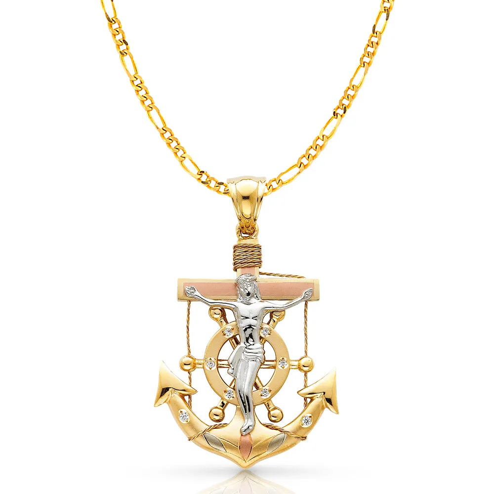 14K Gold Crucifix Anchor Charm Pendant with 3.8mm Figaro 3 1 Chain Necklace