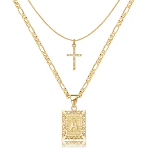 14K Gold Plated Layered Initial Letter Pendant Cross Choker Necklace- Square