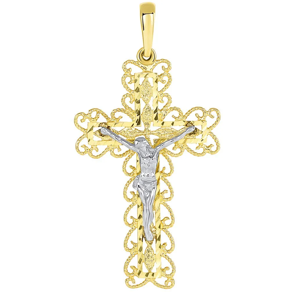 14k Two Tone Gold Fancy Religious Filigree Cross Jesus Crucifix Pendant with Figaro Necklace