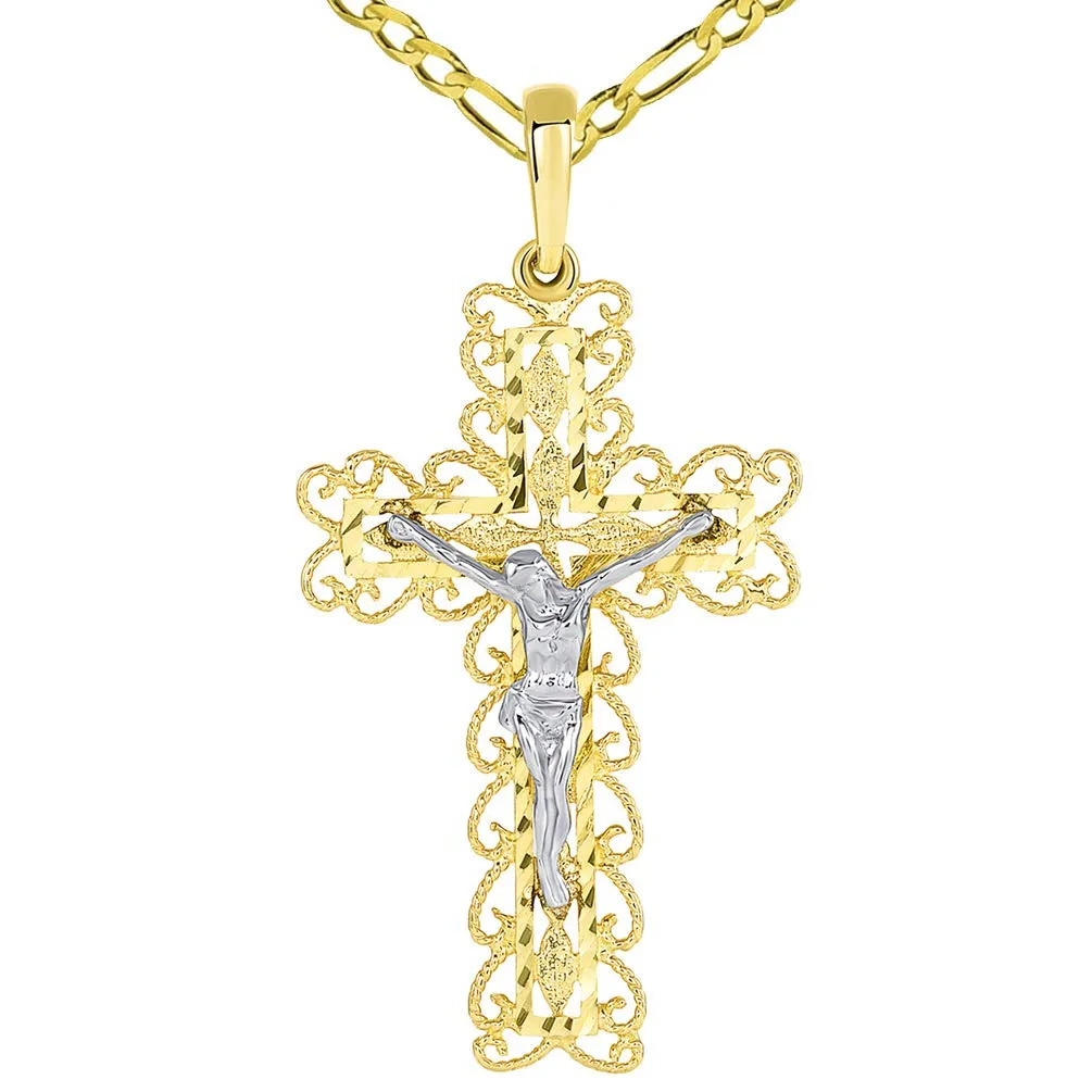 14k Two Tone Gold Fancy Religious Filigree Cross Jesus Crucifix Pendant with Figaro Necklace