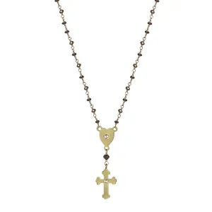 18K Gold Rosary Heart and Cross on Brown Diamond Chain