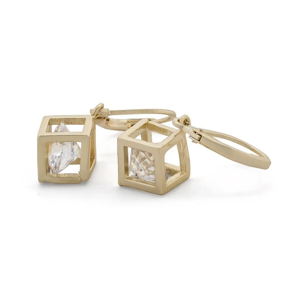 3D Square Drop Earrings Gold Plated