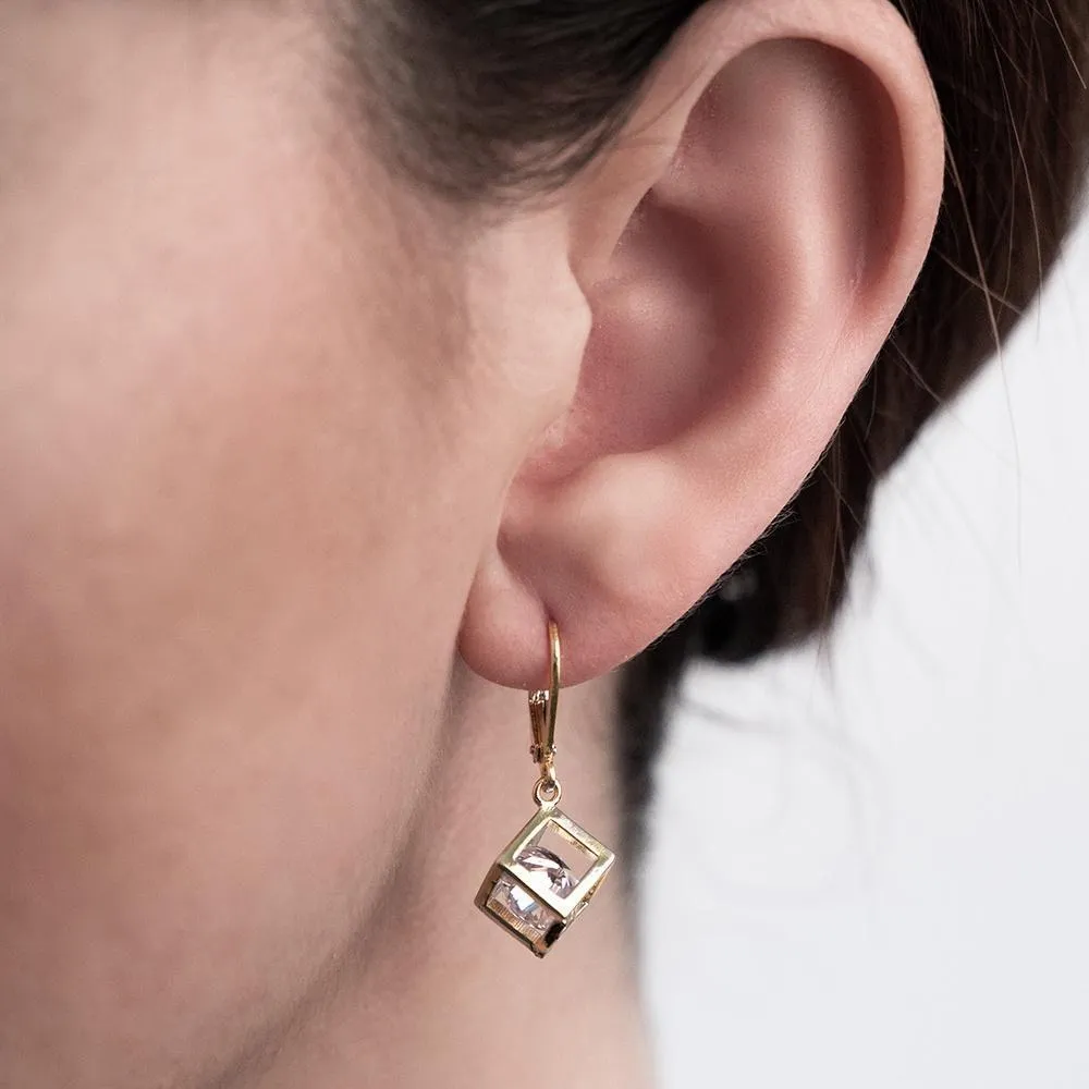 3D Square Drop Earrings Gold Plated