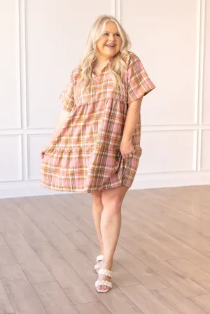 A Walked Through the Leaves Plaid Flutter Sleeve Dress