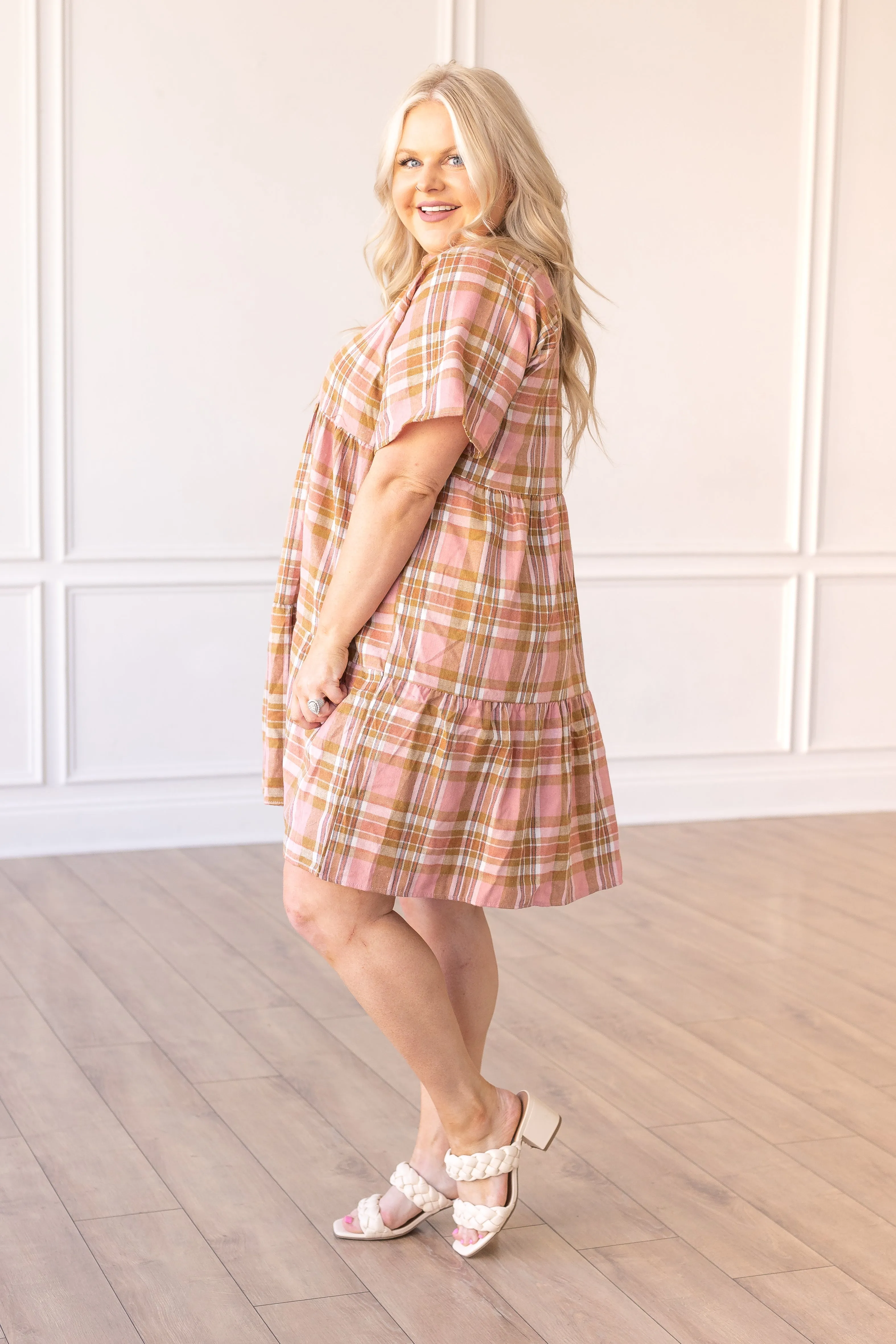 A Walked Through the Leaves Plaid Flutter Sleeve Dress