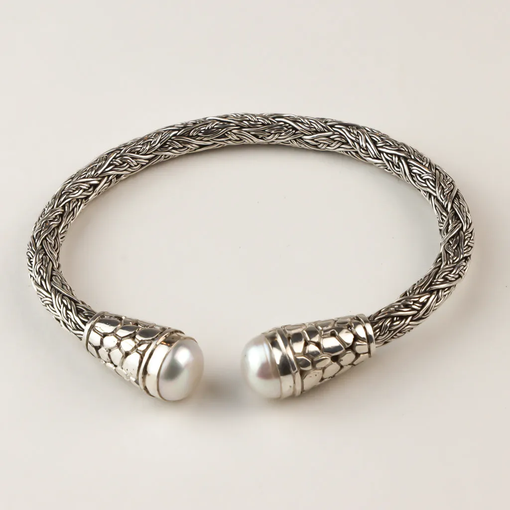 Bali Silver Cuff Bracelet with Pearl Twist Design