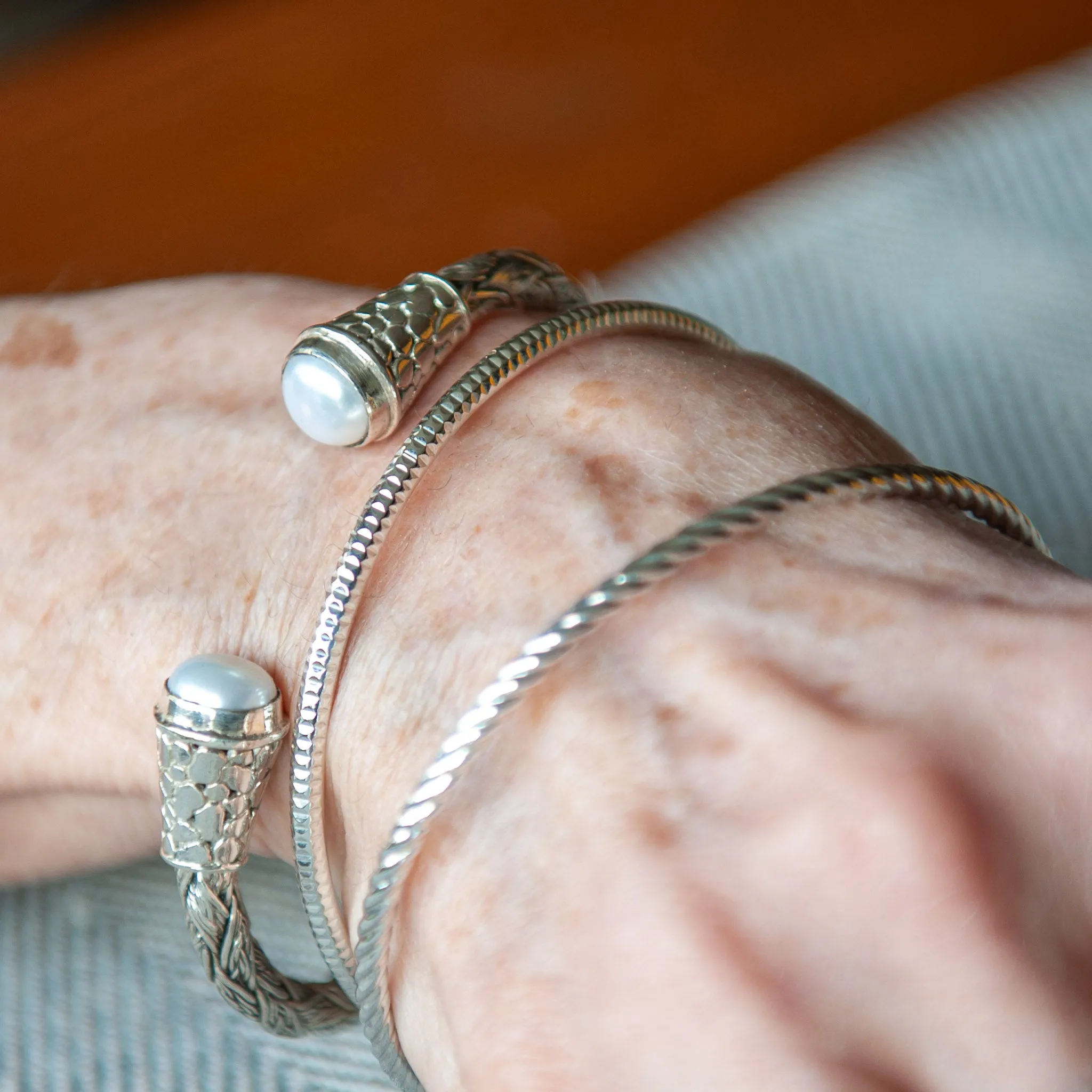 Bali Silver Cuff Bracelet with Pearl Twist Design