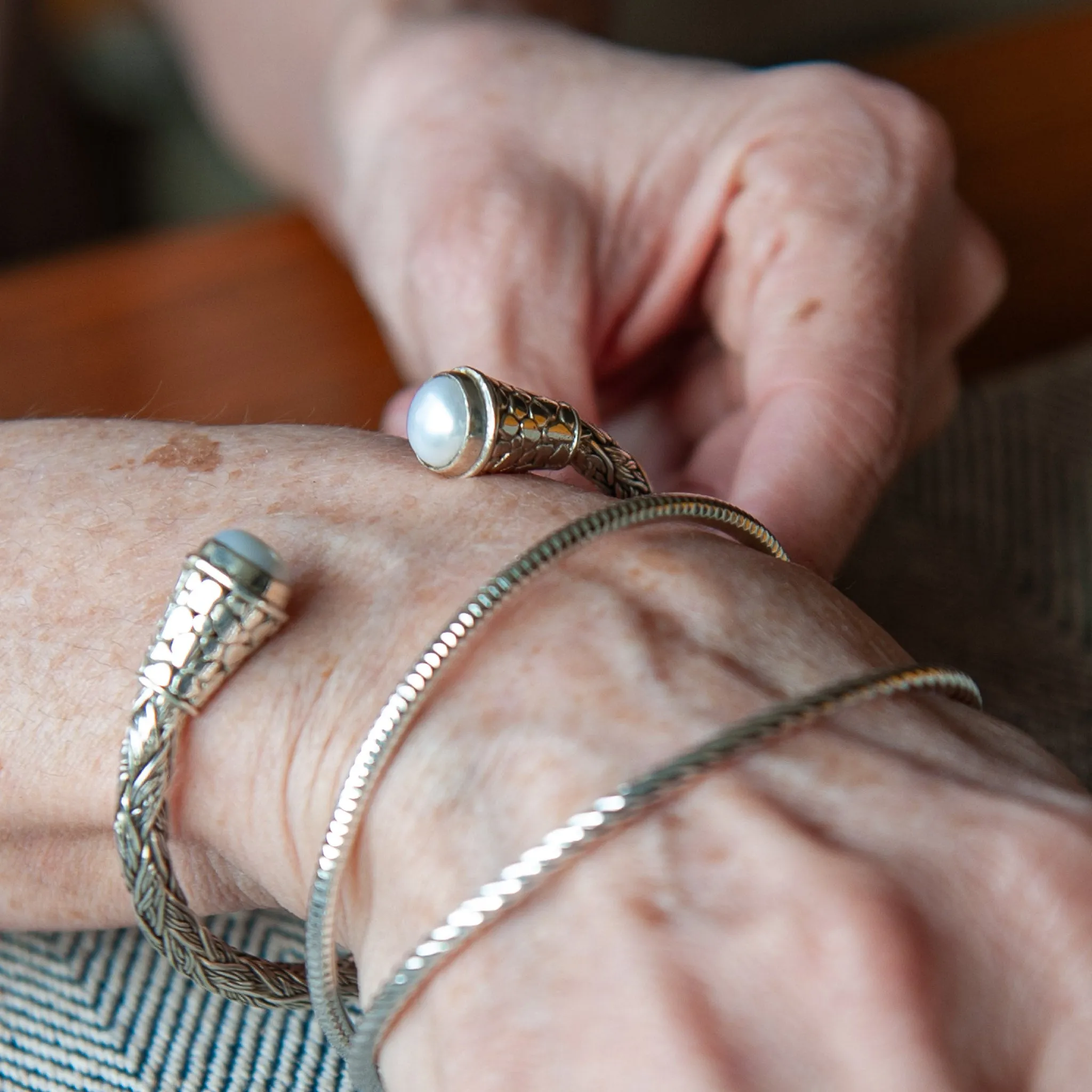 Bali Silver Cuff Bracelet with Pearl Twist Design