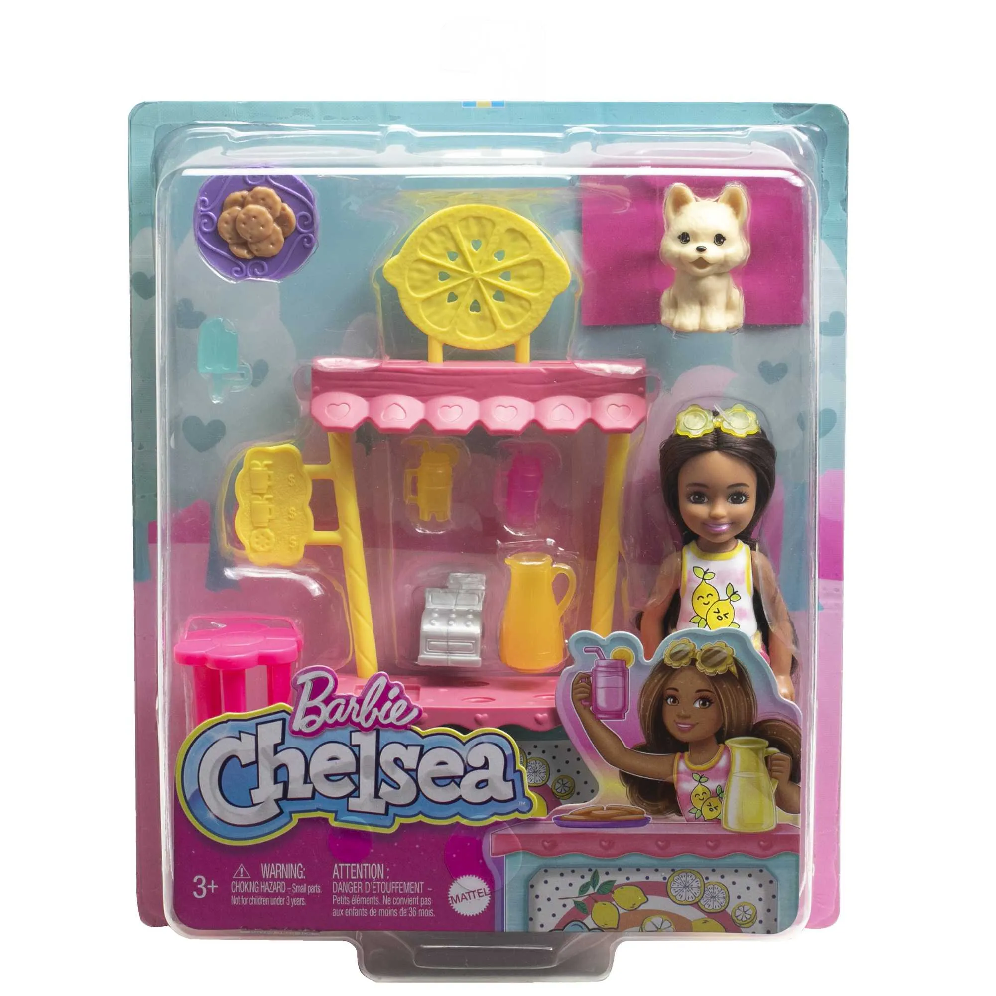 Barbie Chelsea Lemonade Stand Playset With Brunette Small Doll, Puppy, Stand & Accessories Barbie Chelsea Doll & Accessories, Lemonade Stand Playset With Brunette Small Doll, Puppy, Stand & Pieces