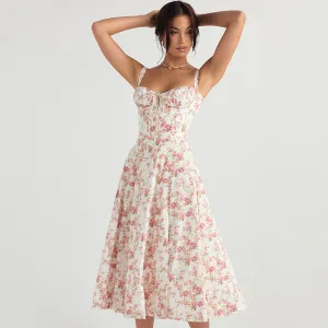 BerryBetty - Breezy Floral Printed Lace Up Back Tie String Slit Midi Sundress - Pink