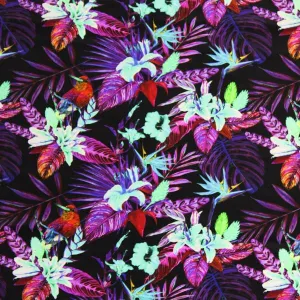 Black Purple Birds of Paradise Printed Spandex Fabric | Blue Moon Fabrics