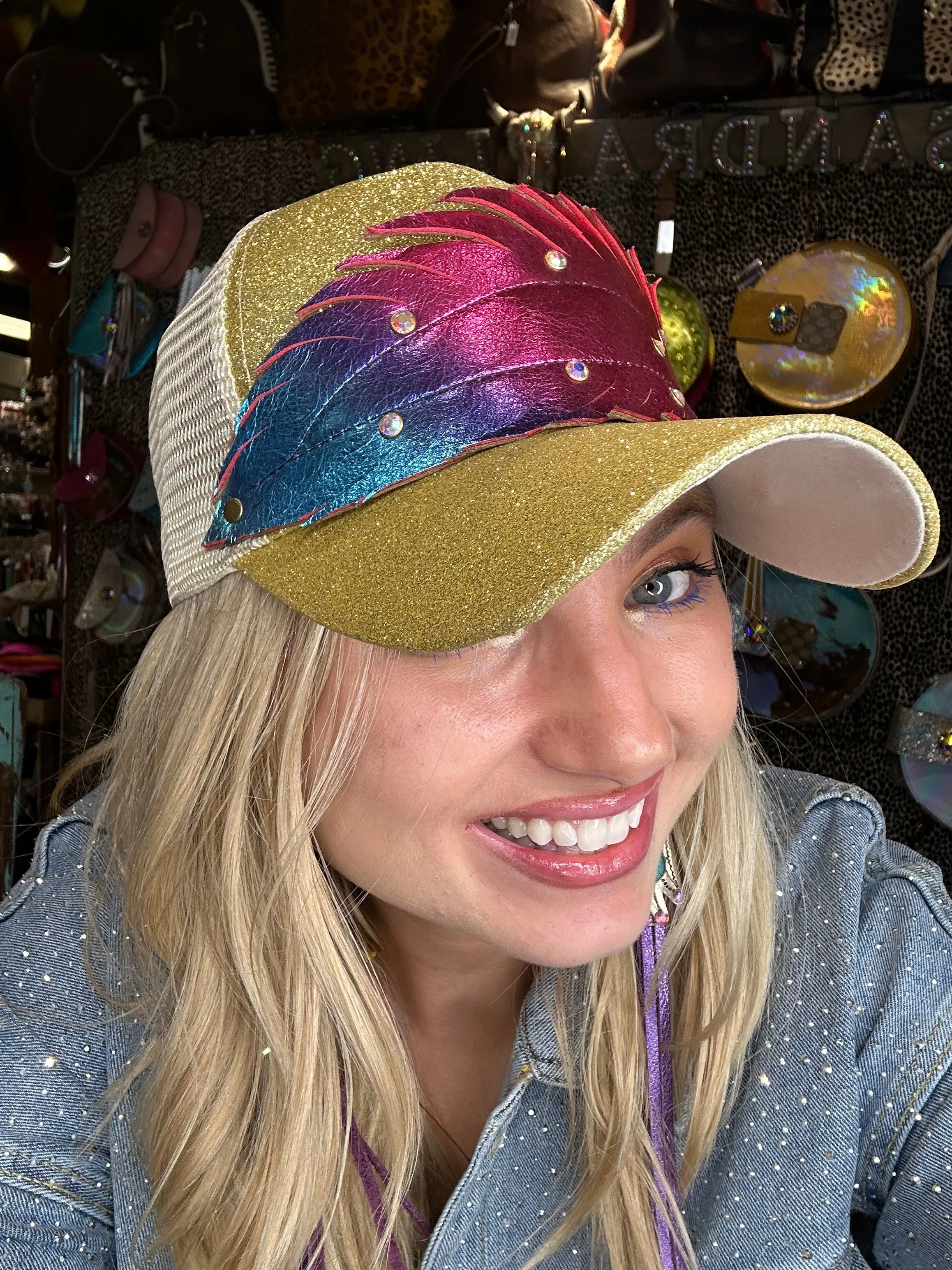 Brit Upcycled AB Halographic Leather Feather Ponytail Trucker Cap - Gold Glitter