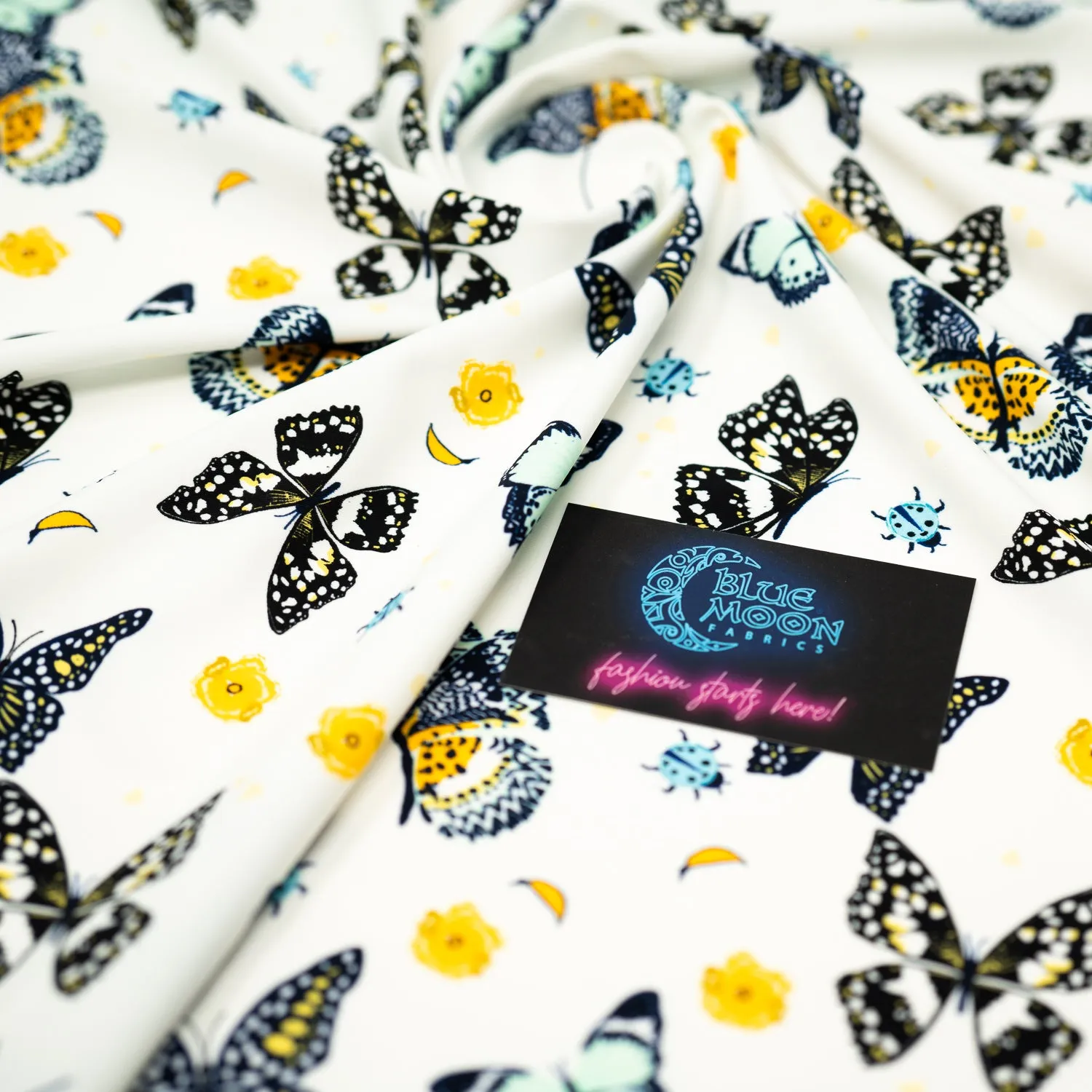 Butterflies and Ladybugs Printed Spandex Fabric | Blue Moon Fabrics