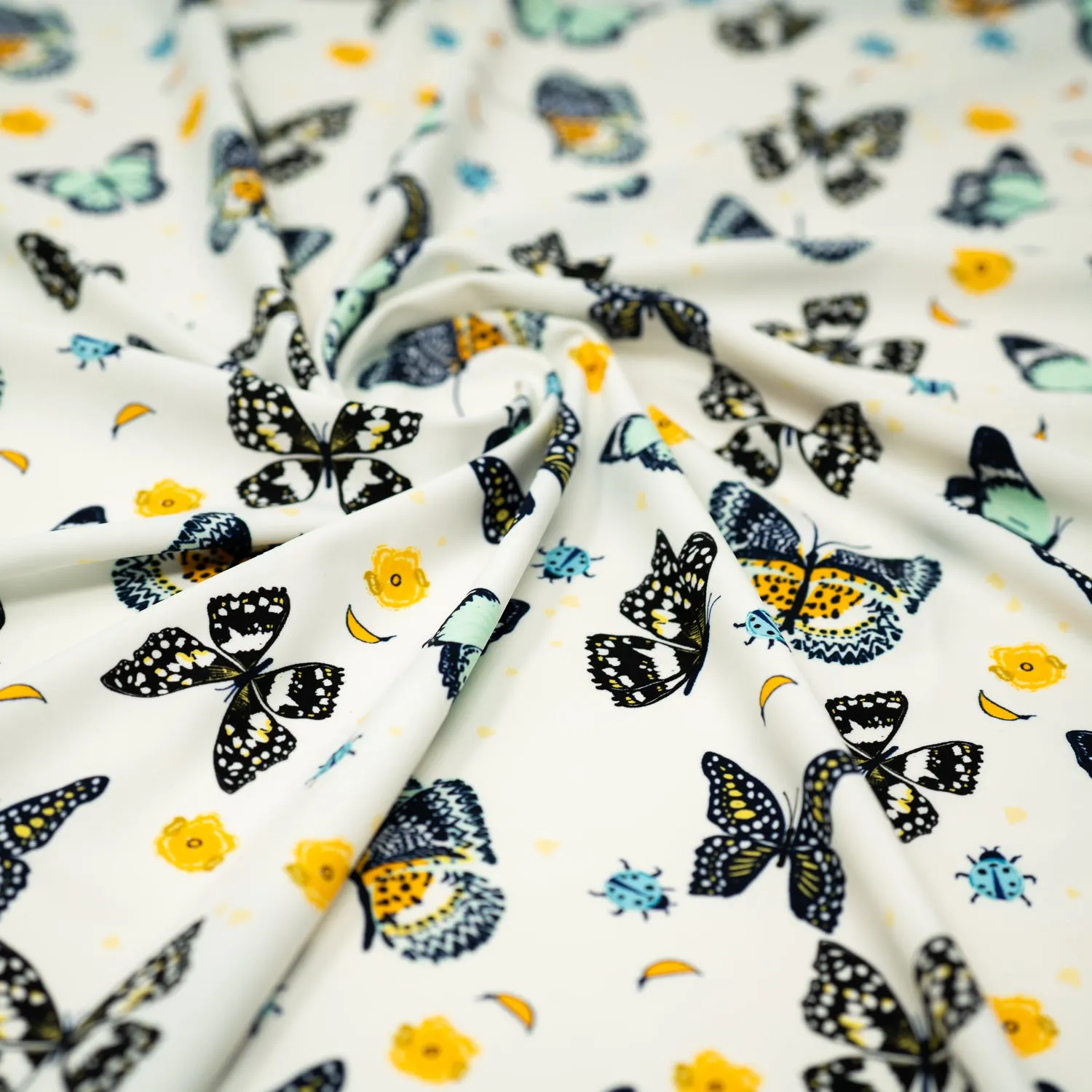 Butterflies and Ladybugs Printed Spandex Fabric | Blue Moon Fabrics