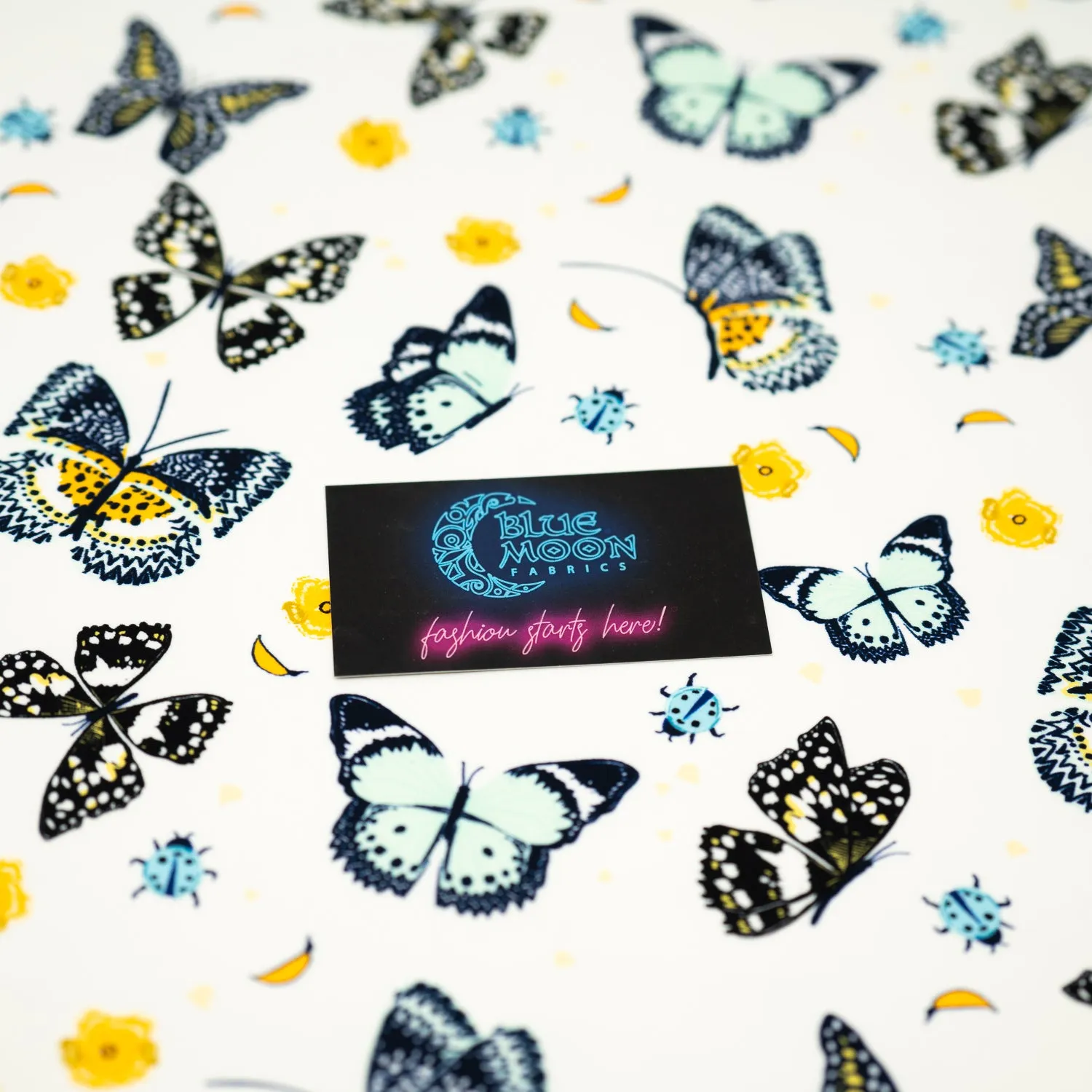 Butterflies and Ladybugs Printed Spandex Fabric | Blue Moon Fabrics