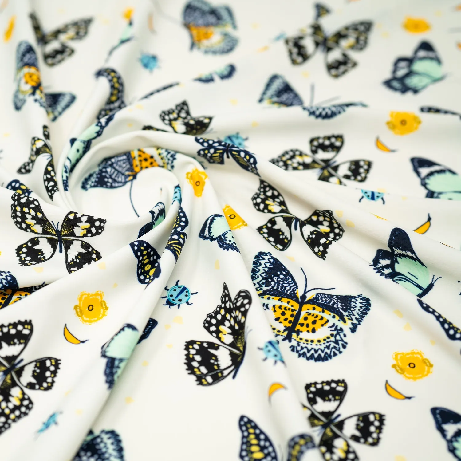 Butterflies and Ladybugs Printed Spandex Fabric | Blue Moon Fabrics