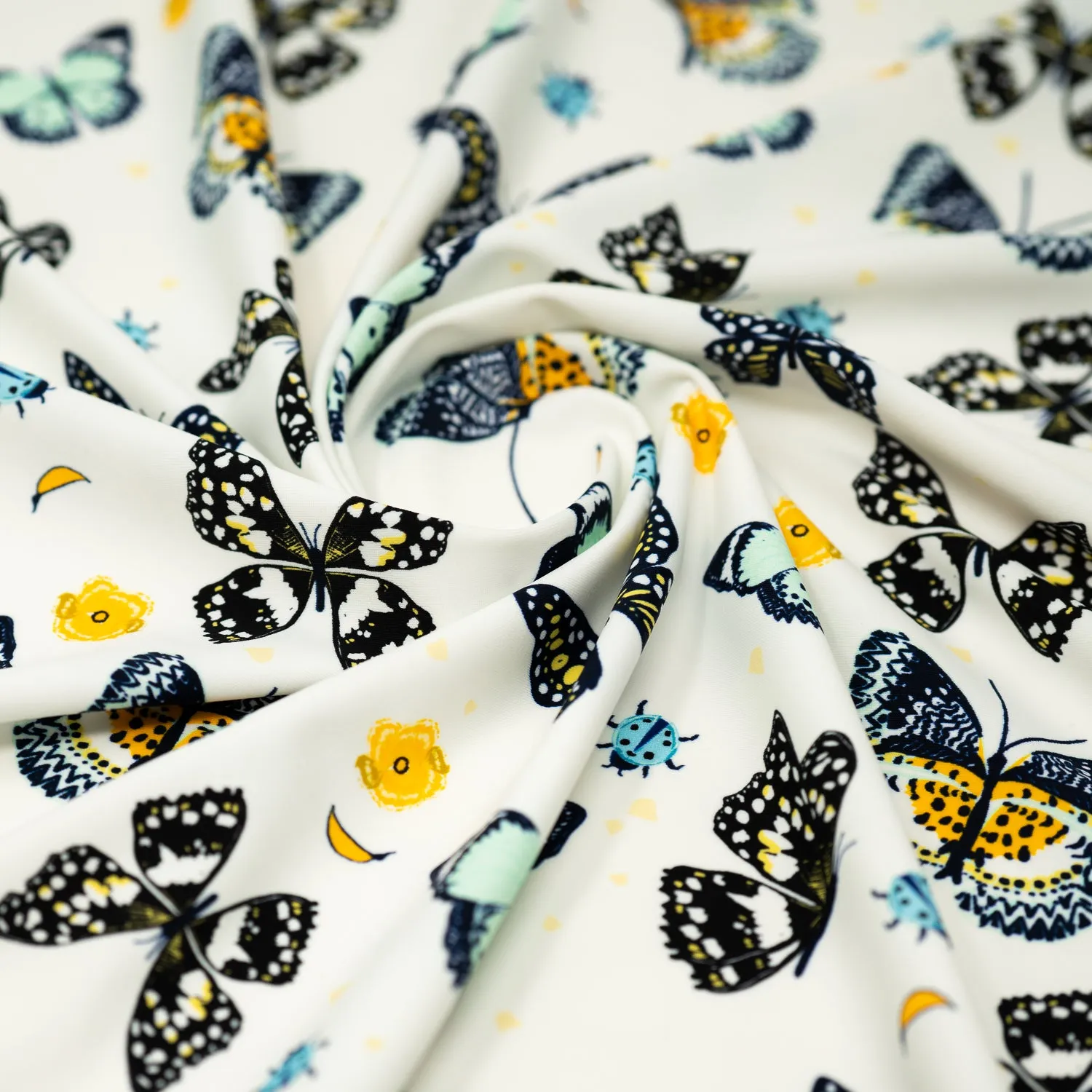 Butterflies and Ladybugs Printed Spandex Fabric | Blue Moon Fabrics