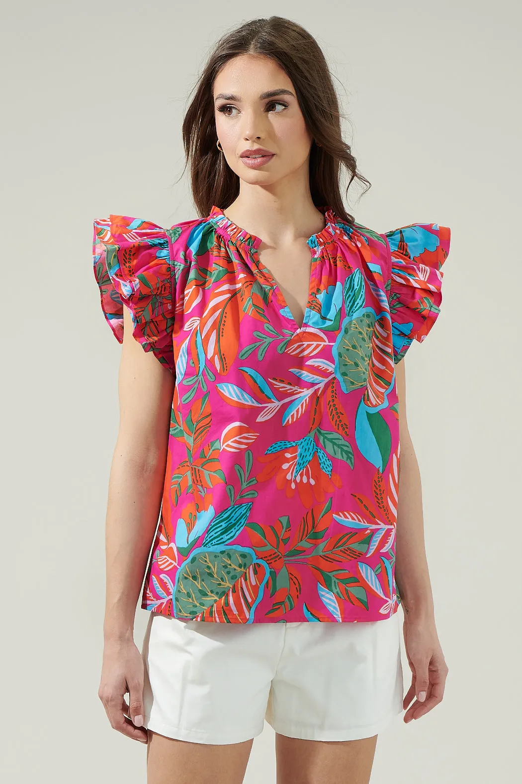 Cactus Blossom Risette Ruffle Cap Sleeve Split Neck Top