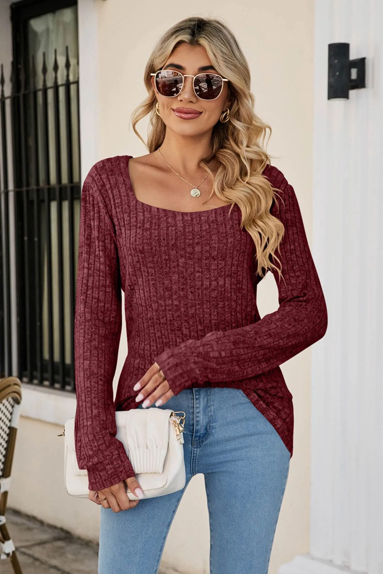 Casual Square Neck Ribbed Sweater