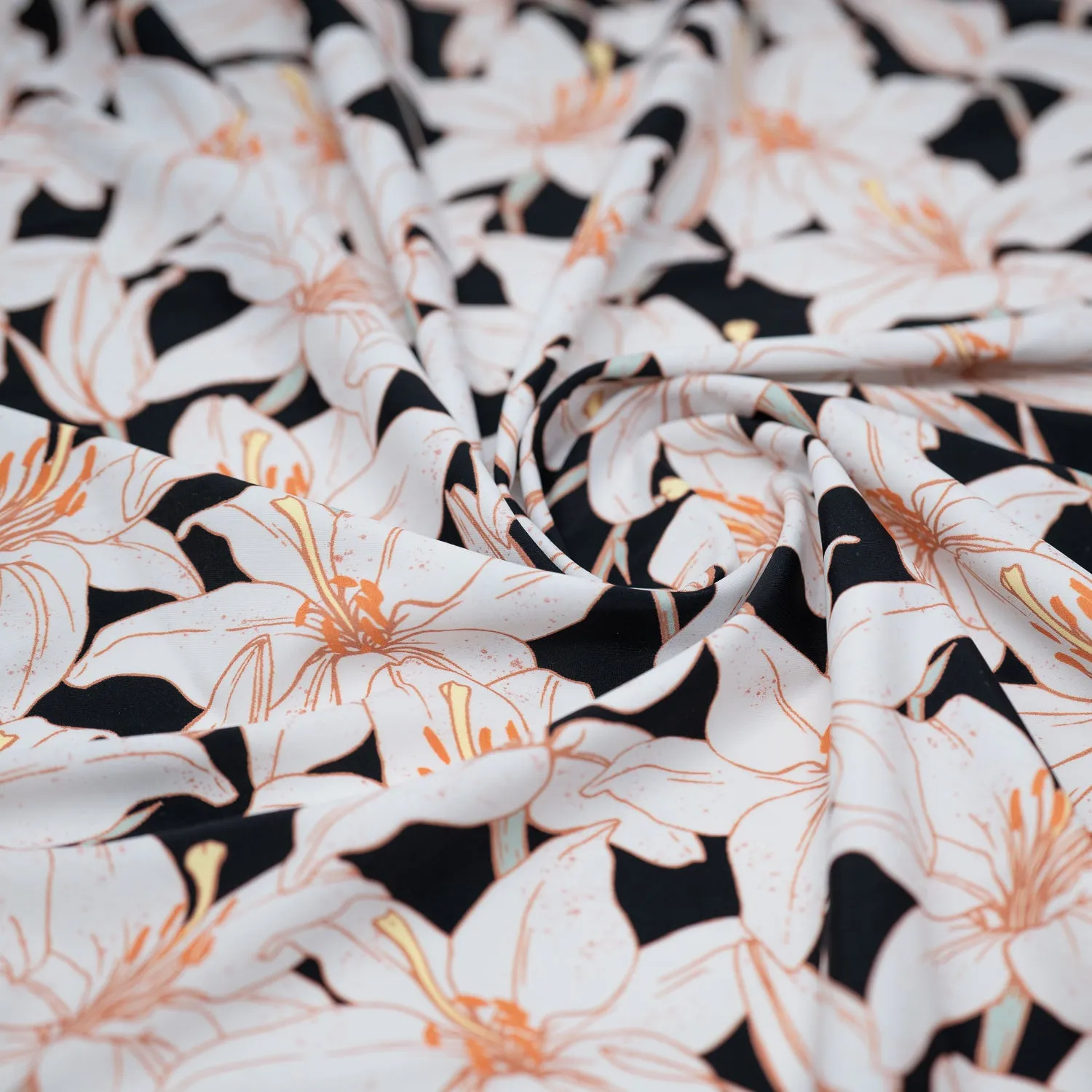 Field of White Lilies Printed Spandex Fabric | Blue Moon Fabrics