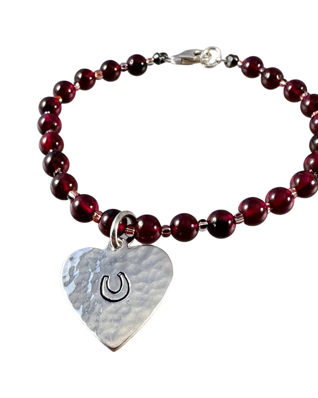 Garnet Beaded Horse Shoe Charm Bracelet