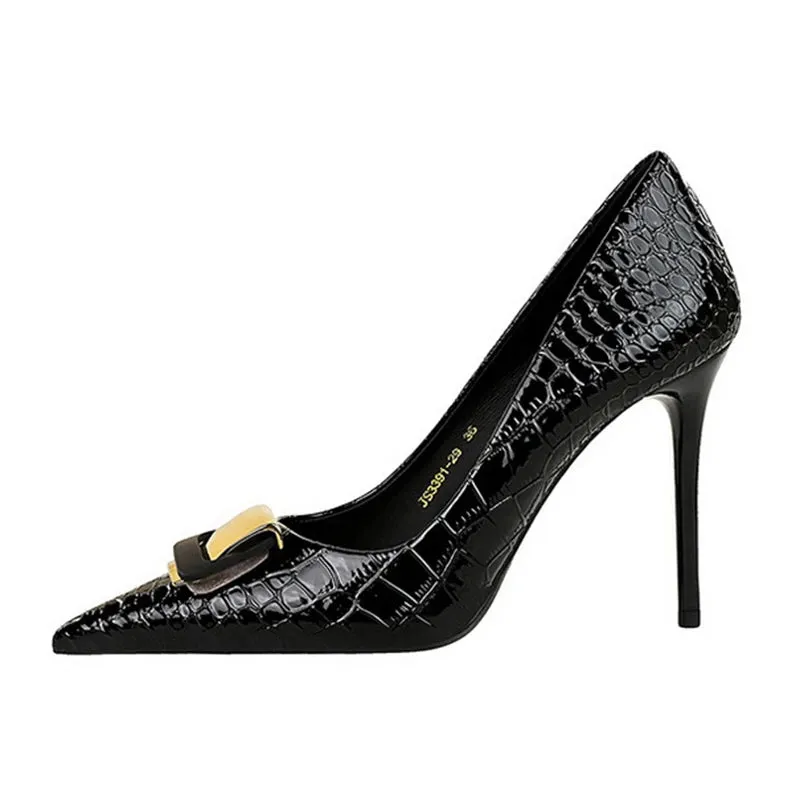 Gold Metal Buckle Croc Print Shoes