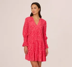 Leaf Print Tiered Shift Dress With Long Bell Sleeves In Pink Multi