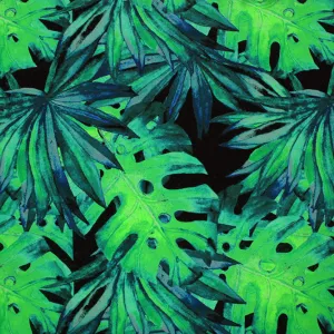 Mixed Palm Leaves Black Ground Printed Spandex Fabric | Blue Moon Fabrics