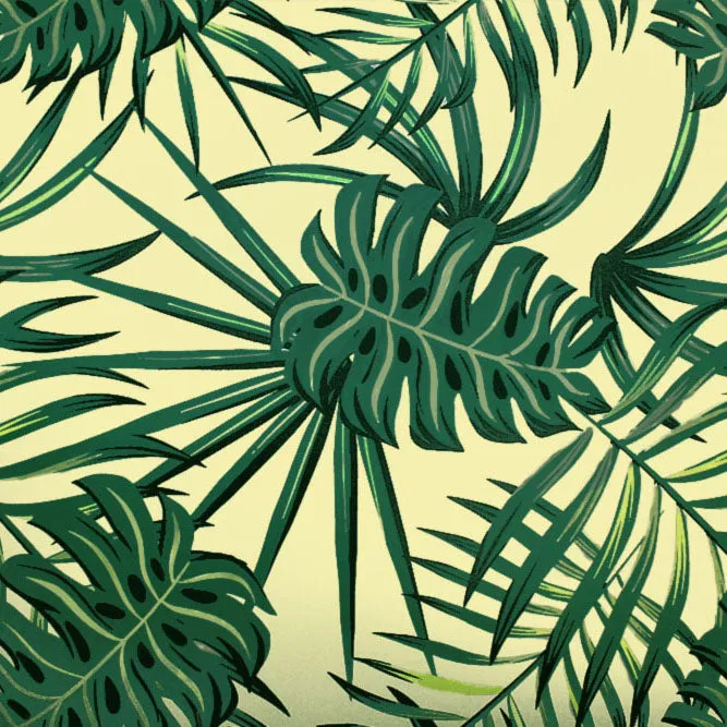 Palm Fronds and Monstera Printed Spandex Fabric | Blue Moon Fabrics