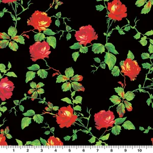 Red Rose Vine on Black Printed Spandex Fabric | Blue Moon Fabrics