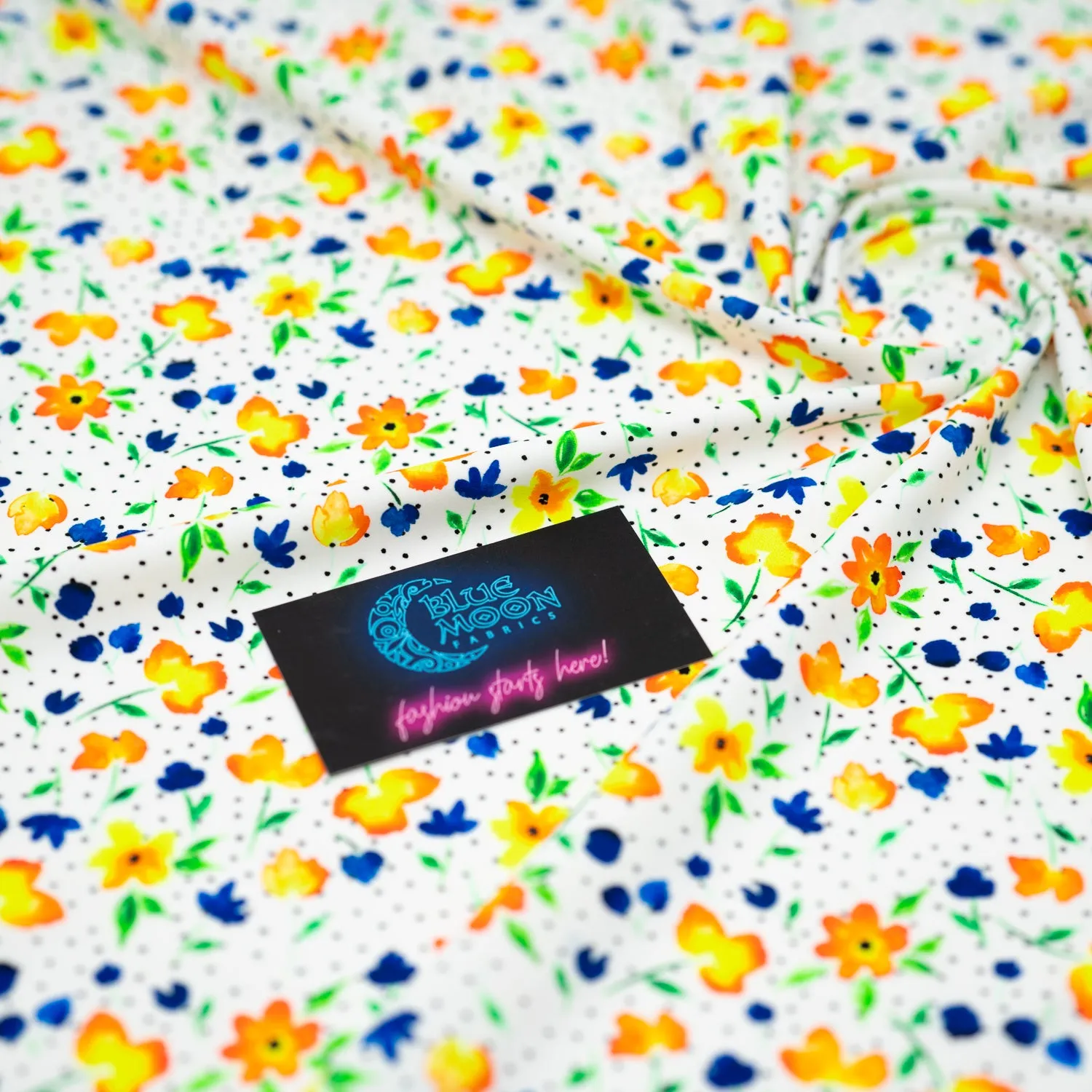 Watercolor Flowers and Black Dots Printed Spandex Fabric | Blue Moon Fabrics