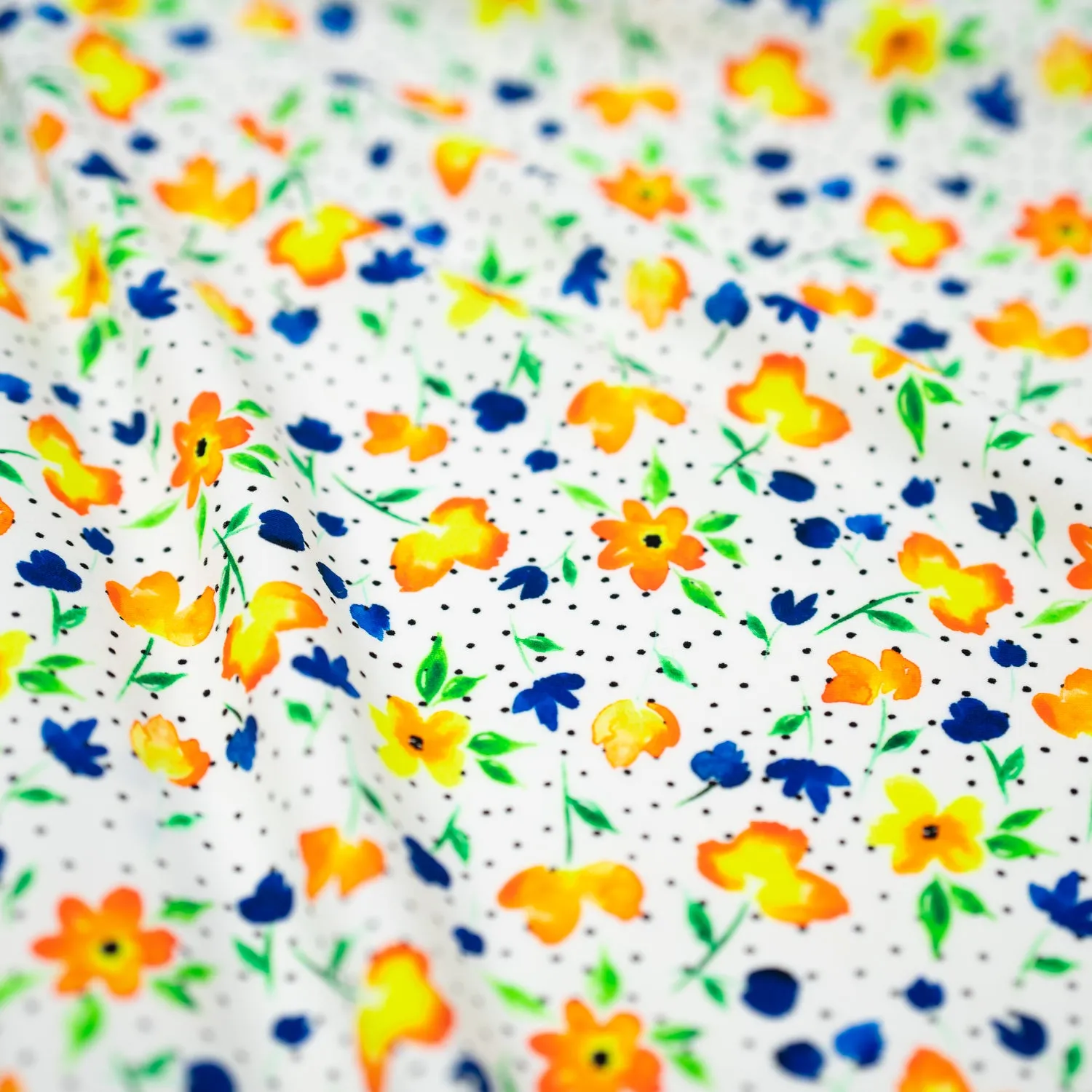 Watercolor Flowers and Black Dots Printed Spandex Fabric | Blue Moon Fabrics