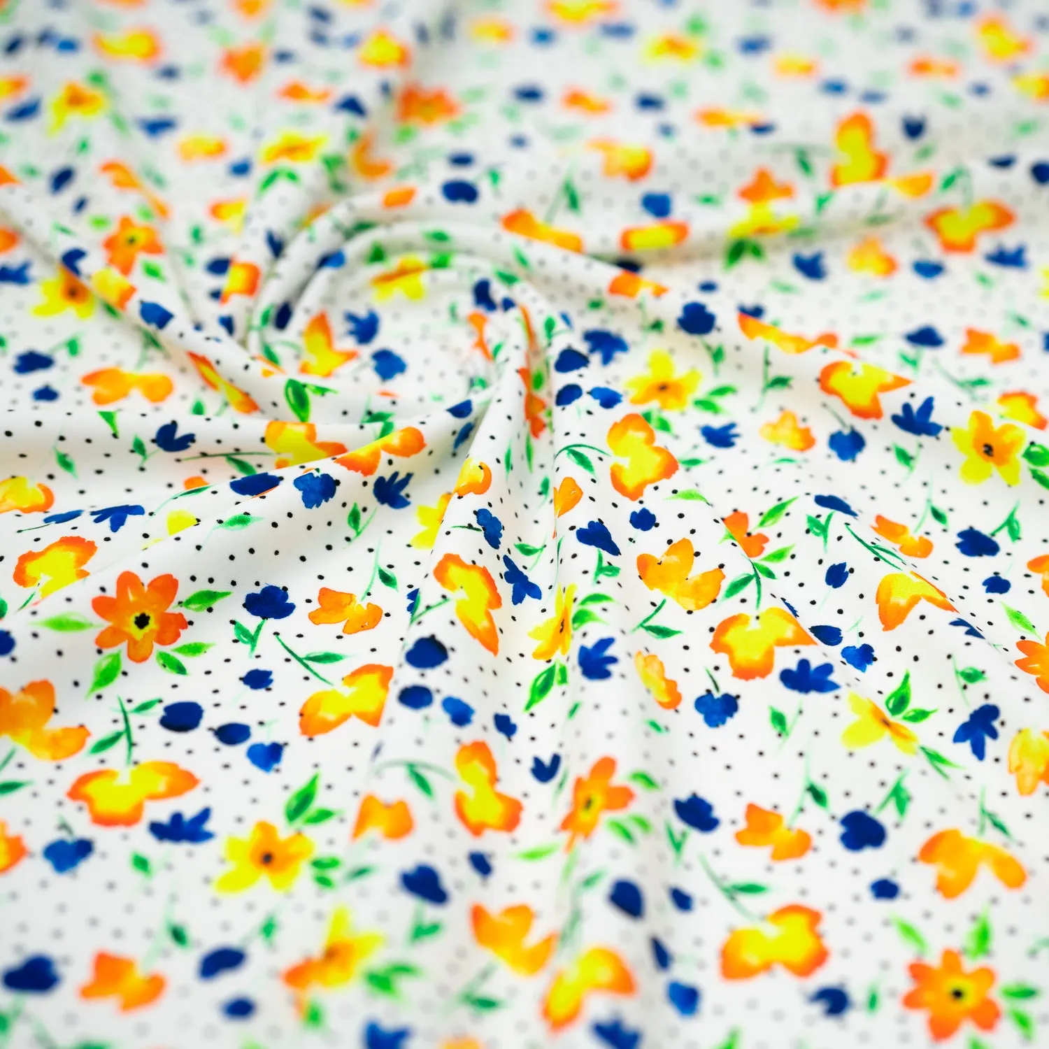 Watercolor Flowers and Black Dots Printed Spandex Fabric | Blue Moon Fabrics