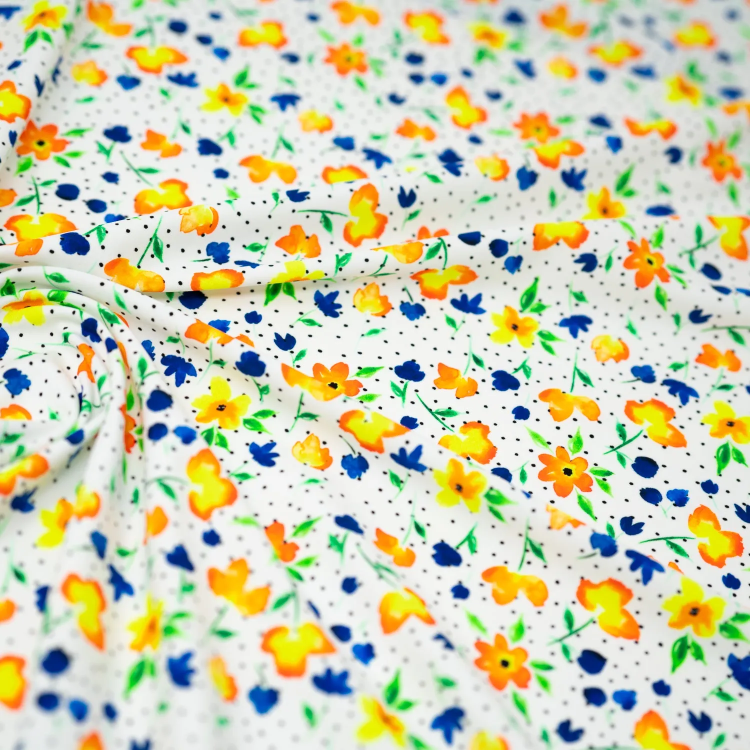 Watercolor Flowers and Black Dots Printed Spandex Fabric | Blue Moon Fabrics