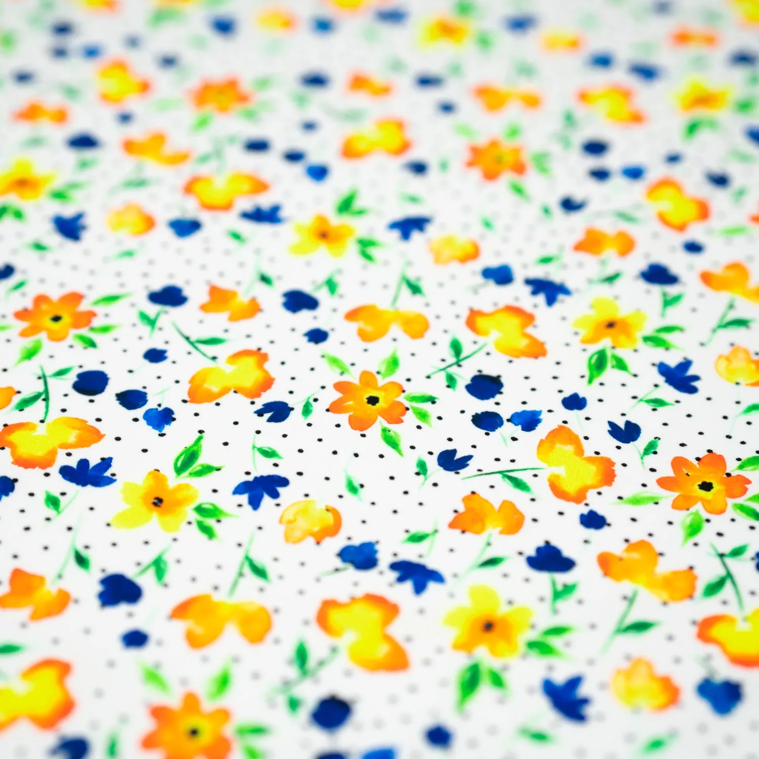 Watercolor Flowers and Black Dots Printed Spandex Fabric | Blue Moon Fabrics