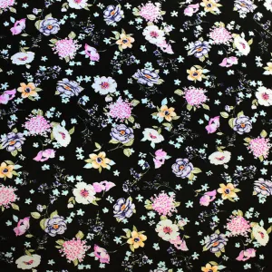 Wild Flowers on Black Printed Spandex Fabric | Blue Moon Fabrics